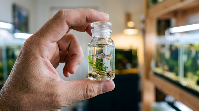 Miniature Aquatic Ecosystem: Tiny Guppy Fish in a Glass Bottle