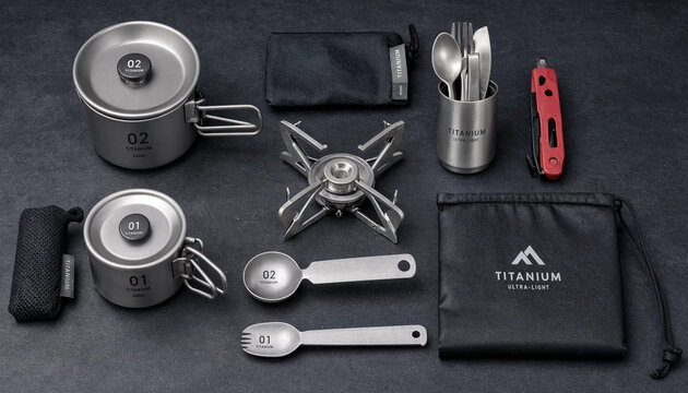 Set of ultralight titanium camping cookware and utensils including pots, a stove, a spork, a knife, and storage bags on a dark textured surface
