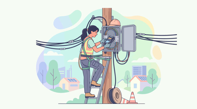 Technician working on electrical power pole with fiber optic cables and city buildings in background