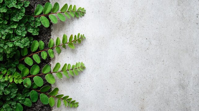 A top-down composition of greenery aligned along the right edge of a concrete background with clean empty space on the left