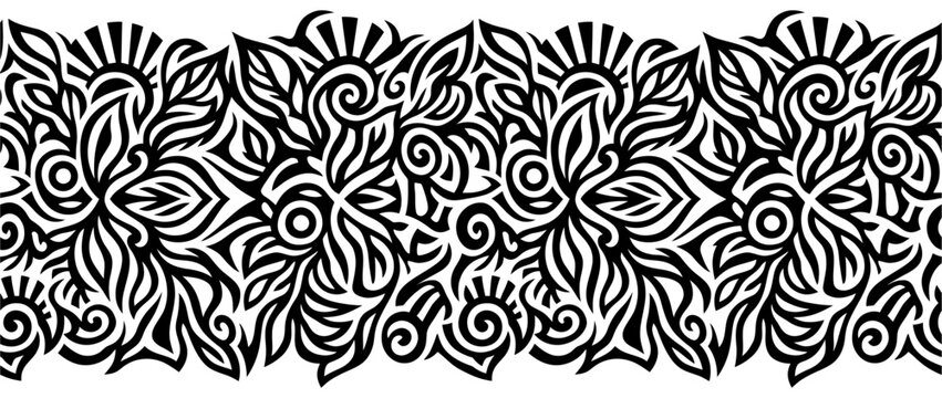Intricate black and white tribal pattern with swirling floral elements and sunburst motifs forming a decorative border ornament abstract art design graphic ethnic folk vintage