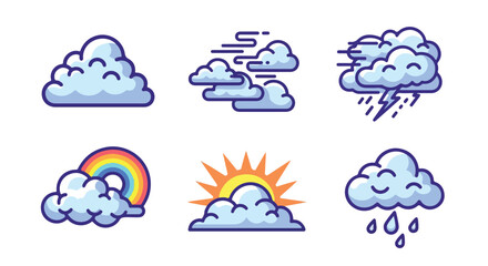 Obraz premium Weather icons set clouds sun rain rainbows in flat illustration style