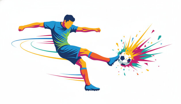 Dynamic soccer player kicking a ball with vibrant multi-colored paint splashes exploding from the impact zone for energetic sports marketing and creative visuals.
