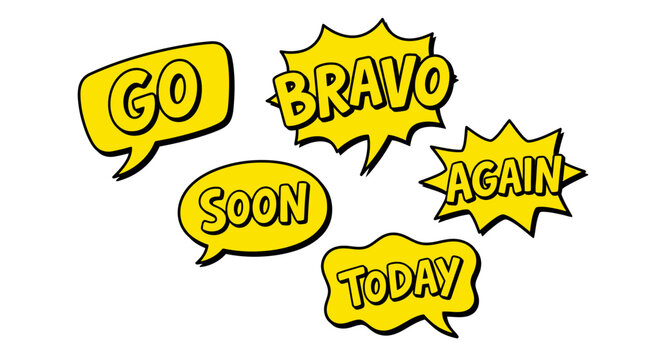 Bravo and soon yellow comic text bubbles collection.