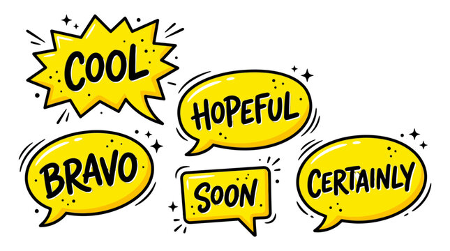 Comic bubbles with cool, hopeful, and bravo text.