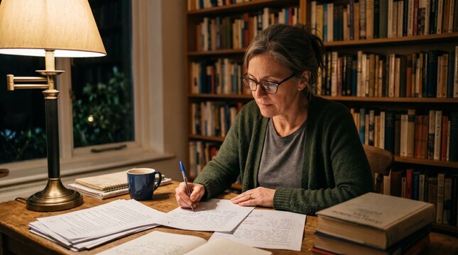 Senior woman grading papers and writing at desk in home library at night.
