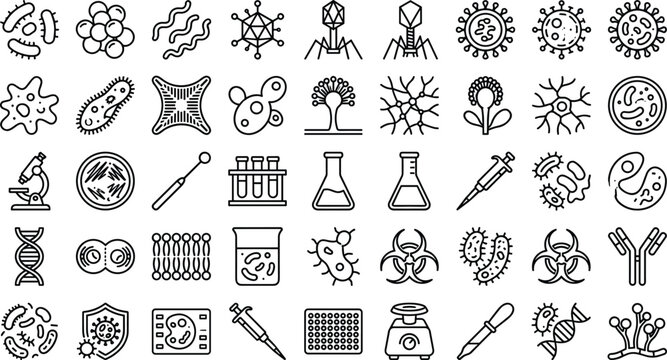 Microbiology and laboratory science line icon set featuring bacteria virus microscope petri dish biohazard vector outline icons collection