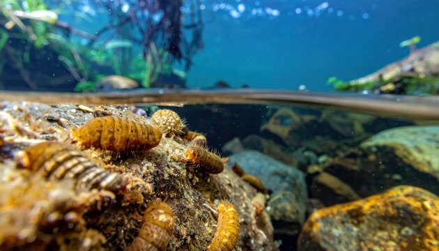 Caddisfly Larvae Building Camouflaged Casings on Stream Bed