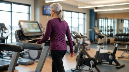 Fototapeta premium Senior woman walking on treadmill for cardio exercise in modern gym.