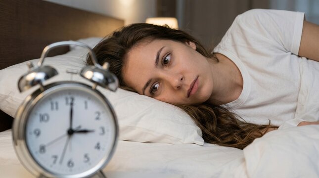 Tired woman lying awake in bed looking at an alarm clock at night.