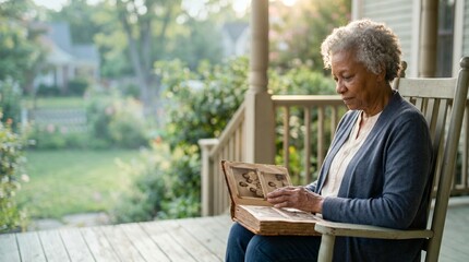 Fototapeta premium Senior woman looking at vintage family photo album on porch.