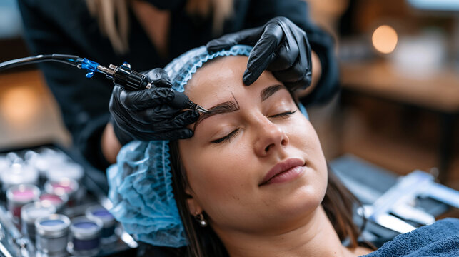 Professional microblading artist using a fine manual blade tool to stroke precise eyebrow hair marks on a female client during a brow mapping session, pigment cups and caliper measurement tools arra
