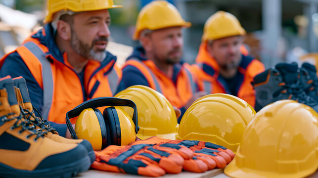 Safety officer reviewing PPE compliance standards with multicultural construction team during toolbox talk session in open-air site compound, hard hats ear protection gloves and safety boots laid ou