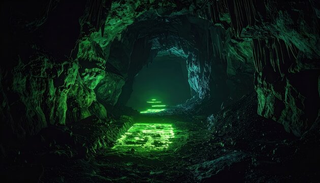 Bioluminescent cave path glows with ethereal green light illuminating the subterranean darkness