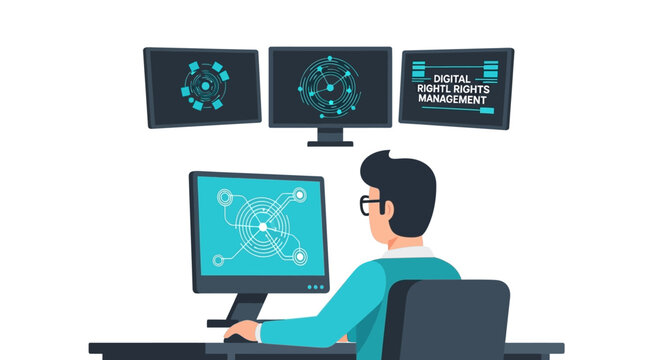 IT Specialist Managing Digital Rights Management (DRM) and Cybersecurity Systems on Multiple Monitors Vector Illustration