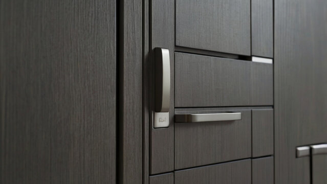 door handle and lock A detailed shot focusing on the sleek handles and knobs of grey cabinetry in a minimalist kitchen, showcasing precision and simplicity.
