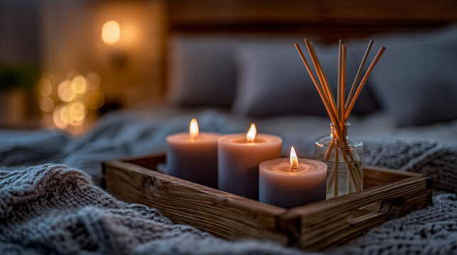 Group of burning candles and essential oil diffuser on wooden tray in bedroom