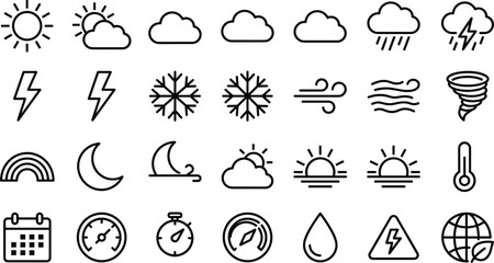 Obraz premium Weather forecast line icon set with sun cloud rain lightning snowflake tornado thermometer rainbow vector outline icons collection