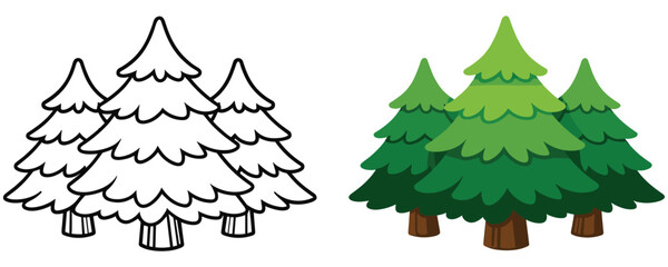 Group of cartoon pine trees, evergreen forest scene for kids. © abedin