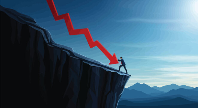 Businessman pushing red arrow down a cliff in financial crisis concept representing stock market crash, economic recession, and bankruptcy.