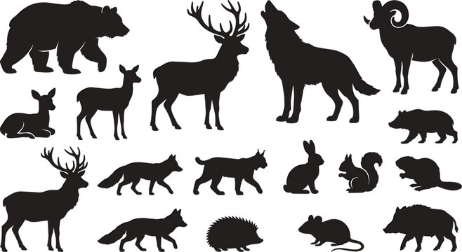 Forest and Woodland Wild Animal Black Silhouette Icon Collection with Bear Wolf Deer and Fox Vector Graphic Elements