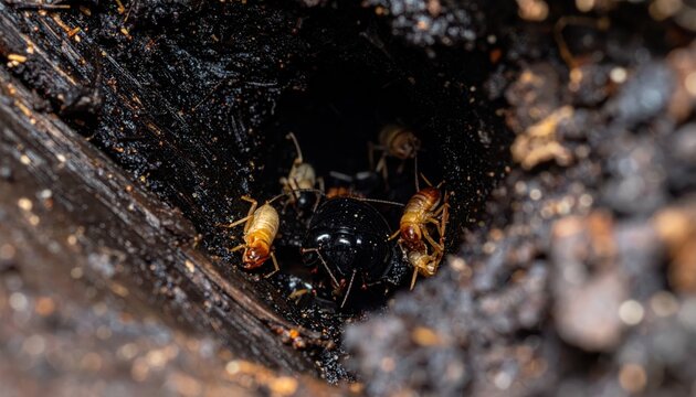 Earwigs explore a dark damp crevice, captured in macro detail