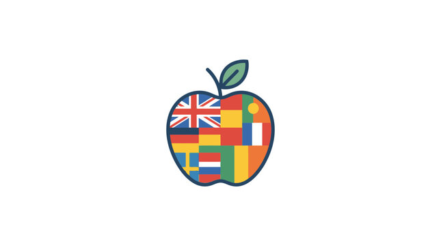 Apple with flags of different countries, concept of international education and multilingualism