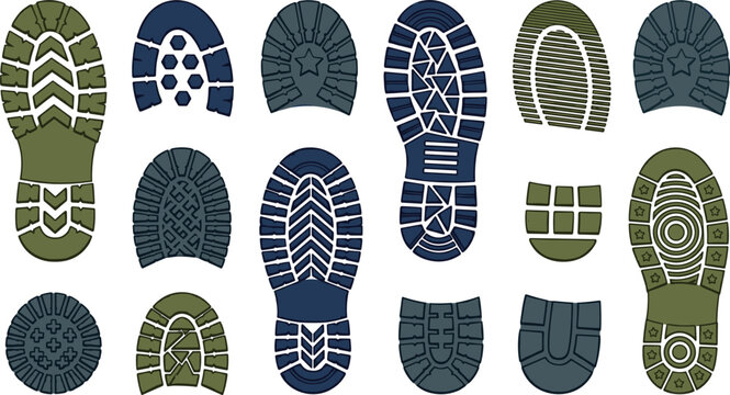 Boot sole prints and shoe tread marks vector collection featuring colorful sneaker tracking textures, tactical military boots footprints, and industrial safety footwear stamps.