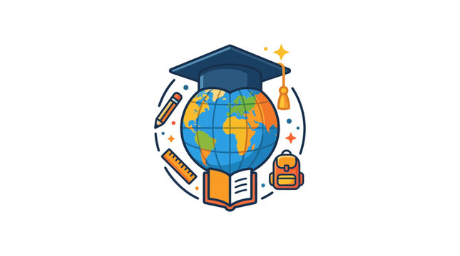Global Education Concept: Graduation Cap, Globe, Open Book, School Supplies