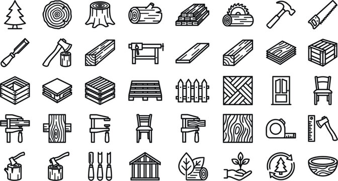 Woodwork and carpentry line icon set with lumber timber tree stump axe hand saw hammer fence vector outline collection