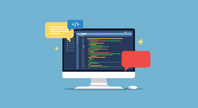 Desktop computer displaying code on screen with colorful chat bubbles representing developer communication and support tools.