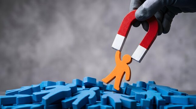 Magnet attracting one orange figure from blue figures pile