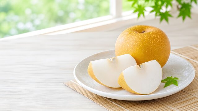 梨 幸水のみずみずしい果肉 白い器に盛った夏の旬の和の果物