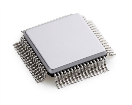 Square chip with metallic pins, white surface, isolated against white background.