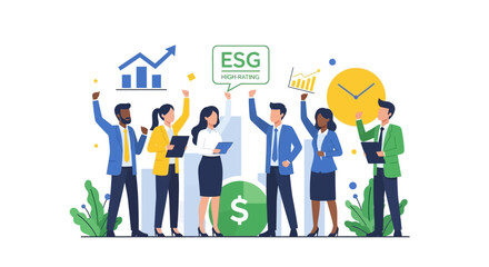 Fototapeta premium Diverse Business Team Celebrating High ESG Rating and Financial Growth, Sustainable Corporate Strategy and Investment Concept Vector Illustration