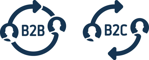 Icons representing B2 B and B2 C business models with circular arrows Keywords: B2 B, B2 C, business, model, transaction, commerce © Shohidul