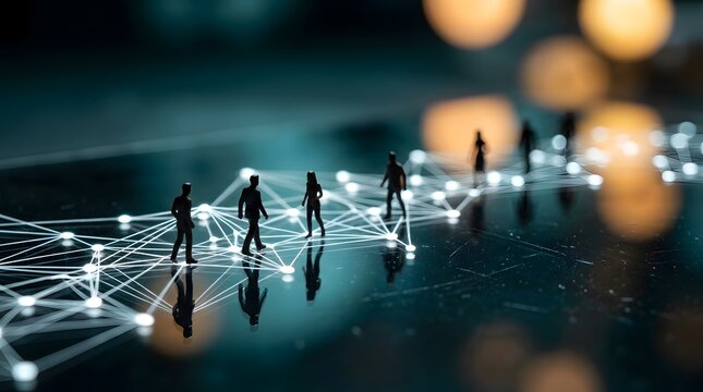 Miniature people connected by network lines on dark background