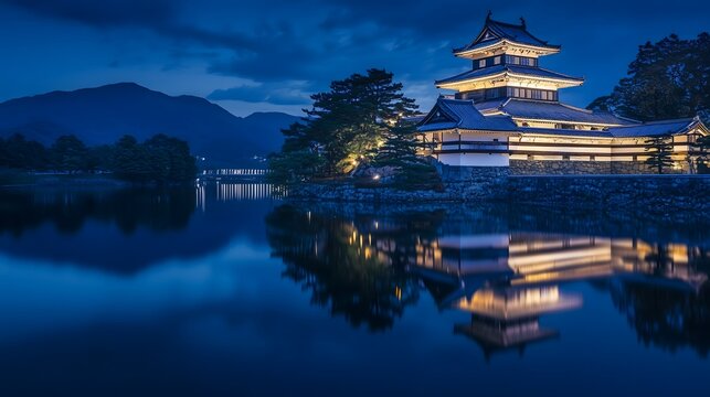 ブルーアワーの水辺に映るライトアップされた日本の城夜景
