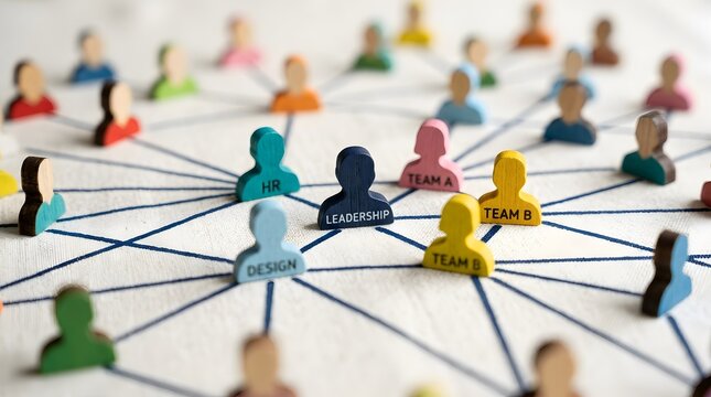 Wooden figures representing team structure with leadership and HR roles