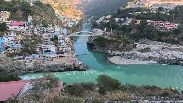 Aerial View of Devprayag Sangam Where Alaknanda and Bhagirathi Rivers Meet in Uttarakhand, India