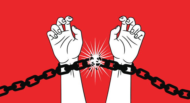 Pair of human hands breaking heavy metal chains into pieces symbolizing freedom liberation escape breaking free overcoming obstacles and powerful empowerment.
