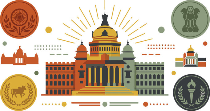 Vidhana Soudha geometric vector icon set featuring flat style landmark architecture building ashoka chakra lion capital state emblem badges collection