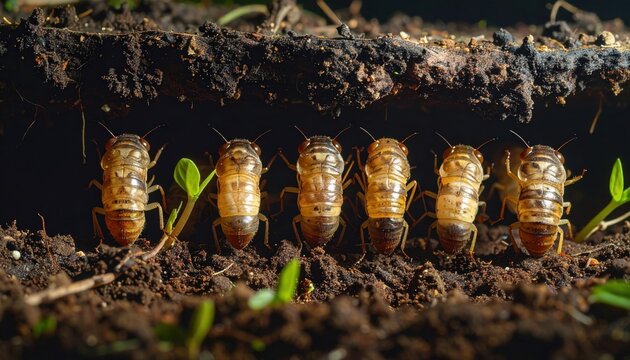 Row of Cicada Nymphs Emerging from Soil, Capturing Their Underground Life Cycle