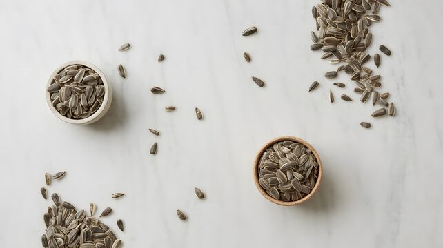 Overhead view of sunflower seeds in bowls and scattered on a white marble surface