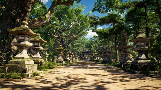 真夏の強い日差しと石灯籠が並ぶ神社参道の風景