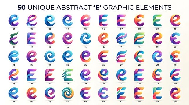 Fifty unique abstract letter E graphic elements with rich neon gradients, liquid swirls and energetic splashes, a modern vector collection tailored for logo design, monograms, posters, app branding, h