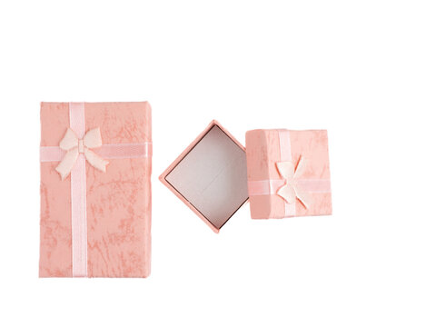 cardboard jewelry boxes isolated  flat lay peach color with ribbon bows
