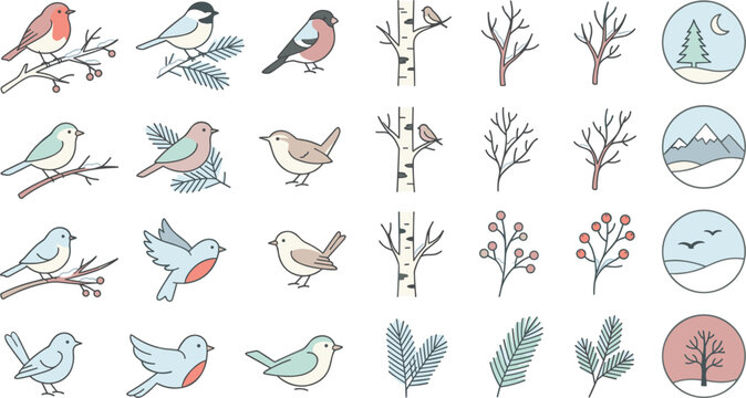 Cute winter songbirds vector element set featuring cartoon robins chickadees flying birds birch trees pine needles berries and circular nature landscape badges collection