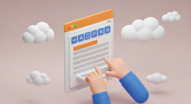3d render of hands typing on a laptop keyboard within a word processor application on a screen, surrounded by clouds.