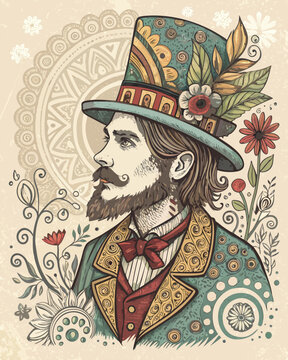 Whimsical man with a mustache wears a decorated hat